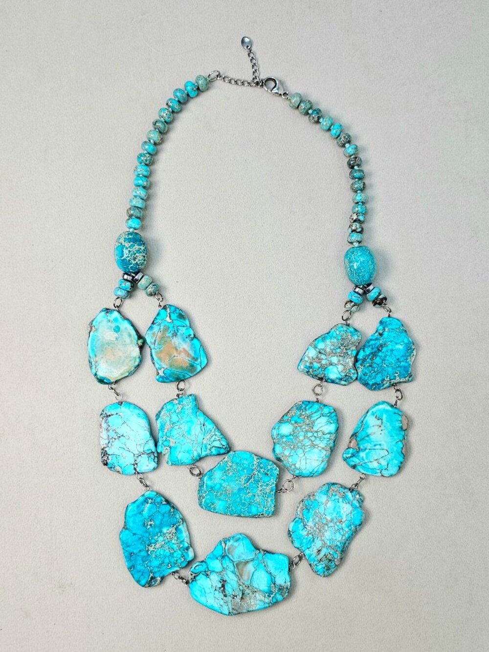 Blue Jasper Double Strand Statement Necklace Slab Bib Silver Tone OS - Picture 5 of 6